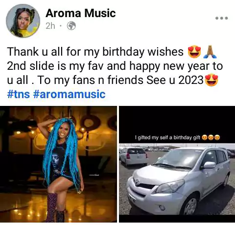 aroma_facebook_post_about_her_new_car